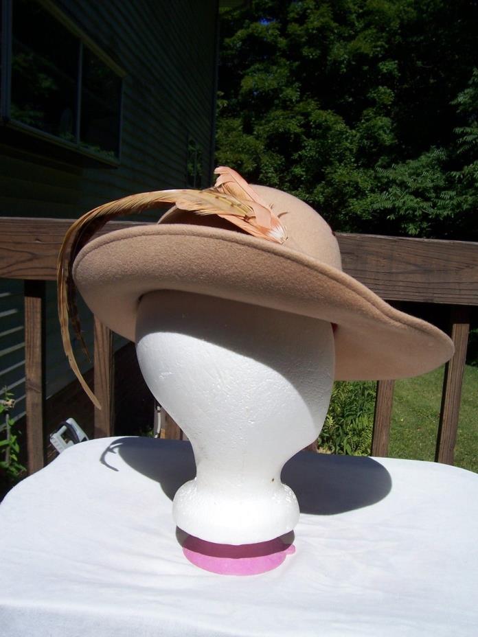 Vintage Camel Colored Ladies Hat Feather Accent
