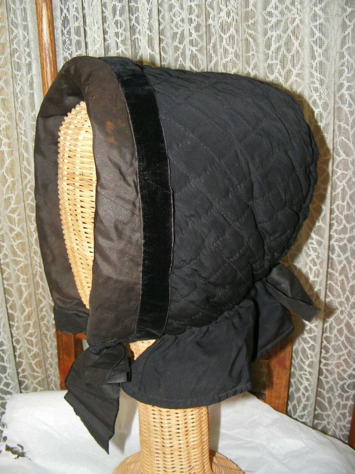 1850S VICTORIAN WINTER BONNET BLACK QUILTED HANDMADE WOOL & SILK AUTHENTIC HAT