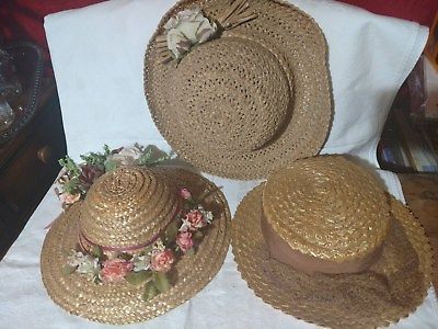 3 VTG 1930's - 1950's Wicker Straw Fashion Hats Antique Flowers Costume Netting