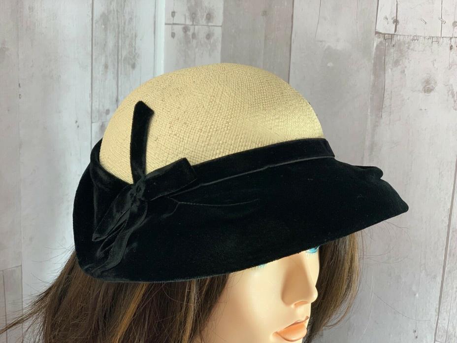 1950s Vintage Pillbox HAT Jet Black Velvet Natural Straw Brim Rockabilly Retro