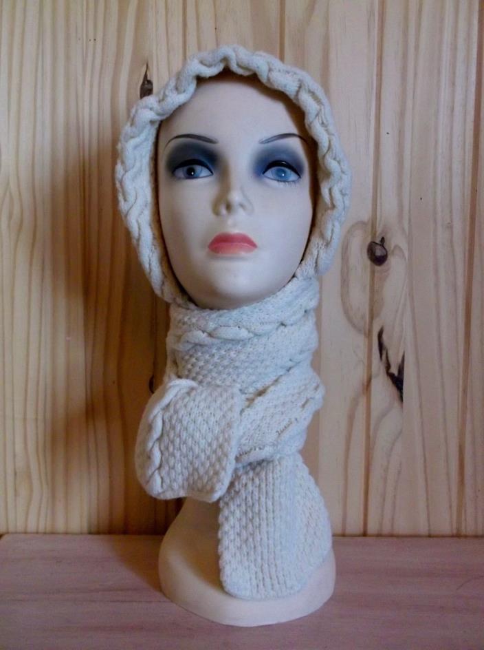 Women's Hat & Wrap Vintage Attached Scarf Cable Knit Ivory PinUp Excellent