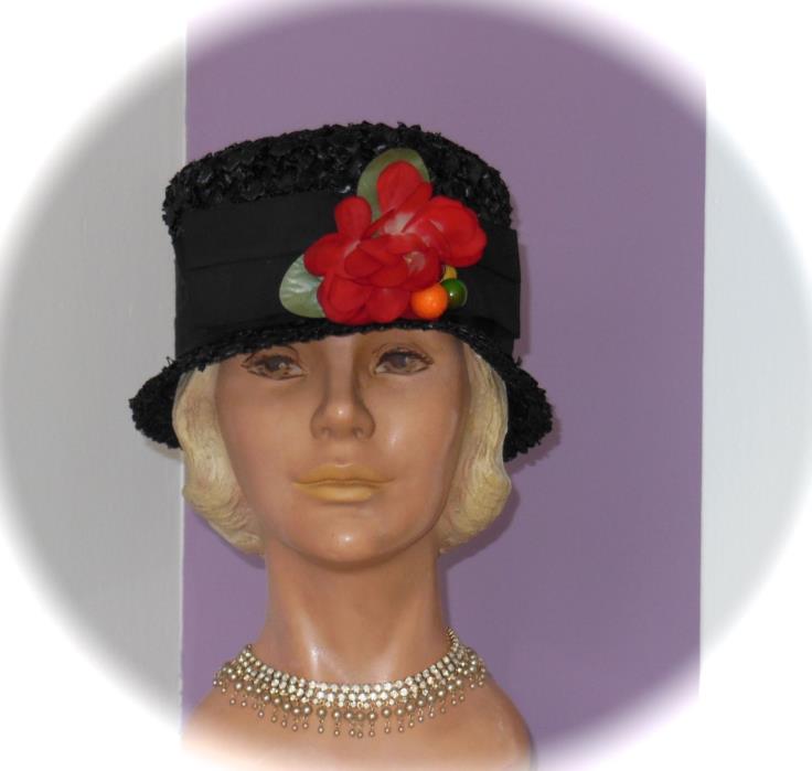 Fabulous Vintage 1950s Clover Lane Black Bucket Straw HAT w Silk Flowers & Fruit