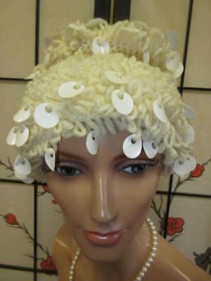 Vtg 60s 70s CREAMY CHUNKY KNIT Loopy Spangle Paillette Sequin Dangles Ski Hat