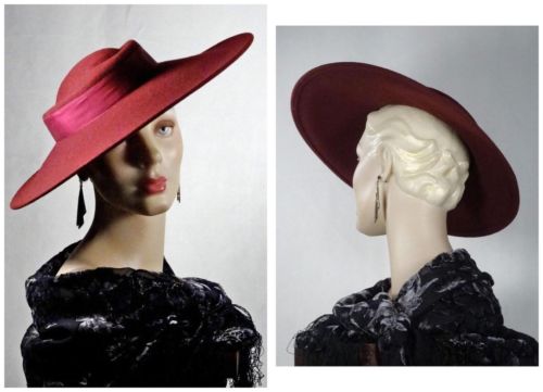 1930s 1940s Style Platter Hat Burgundy Wool Wide Brim Sonni  Sz 7 #1244