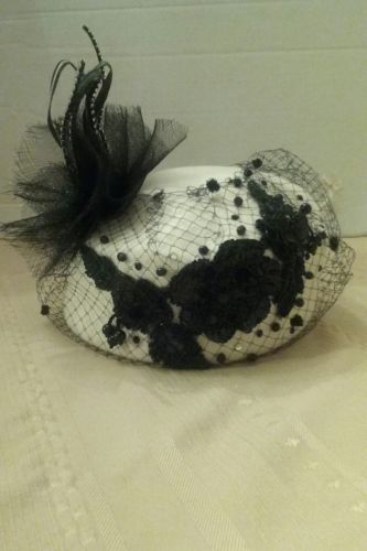 Don Anderson Ladies Pill Box Hat Church Ivory Wool Black Embellishment