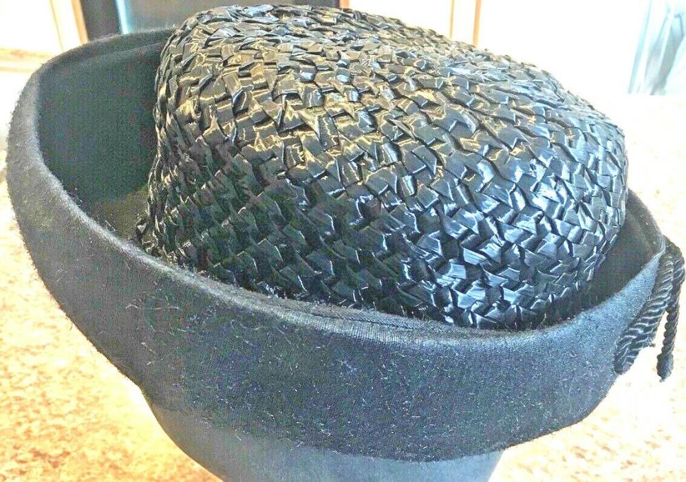 JAN LESLIE VTG Hat - Black Pill Box/ Black Woven top Beaded - 60's Era