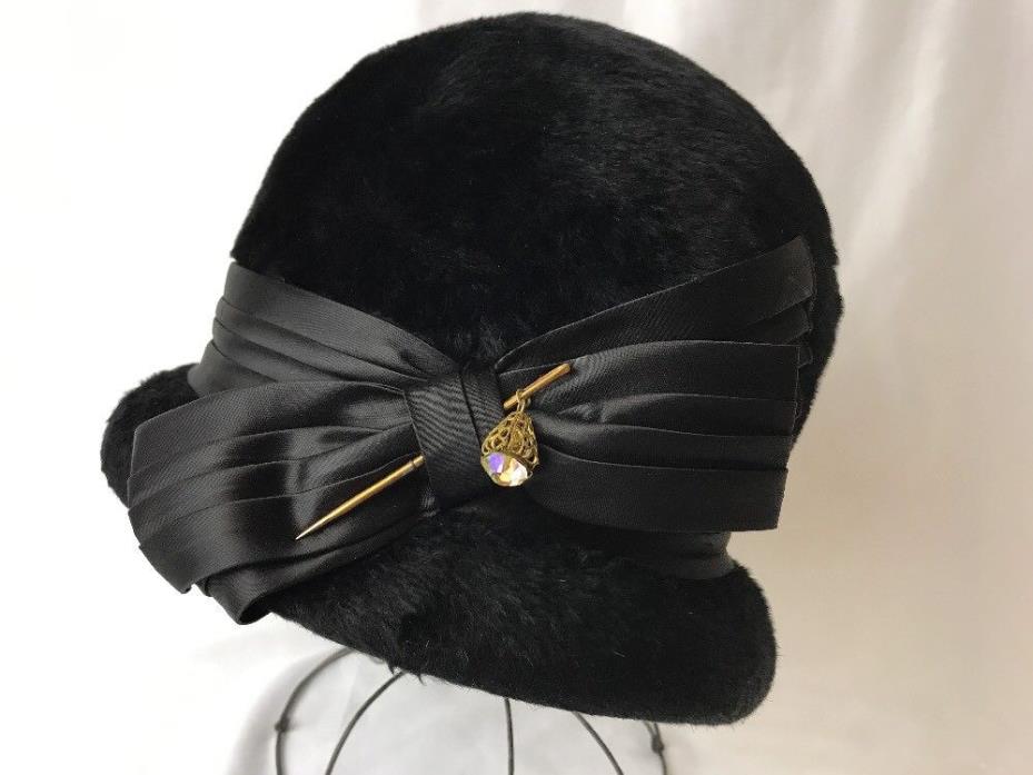 Vtg Women's Hat Art Deco 20s 30s 40s Cloche Bucket Train Flapper Faux Fur Velour