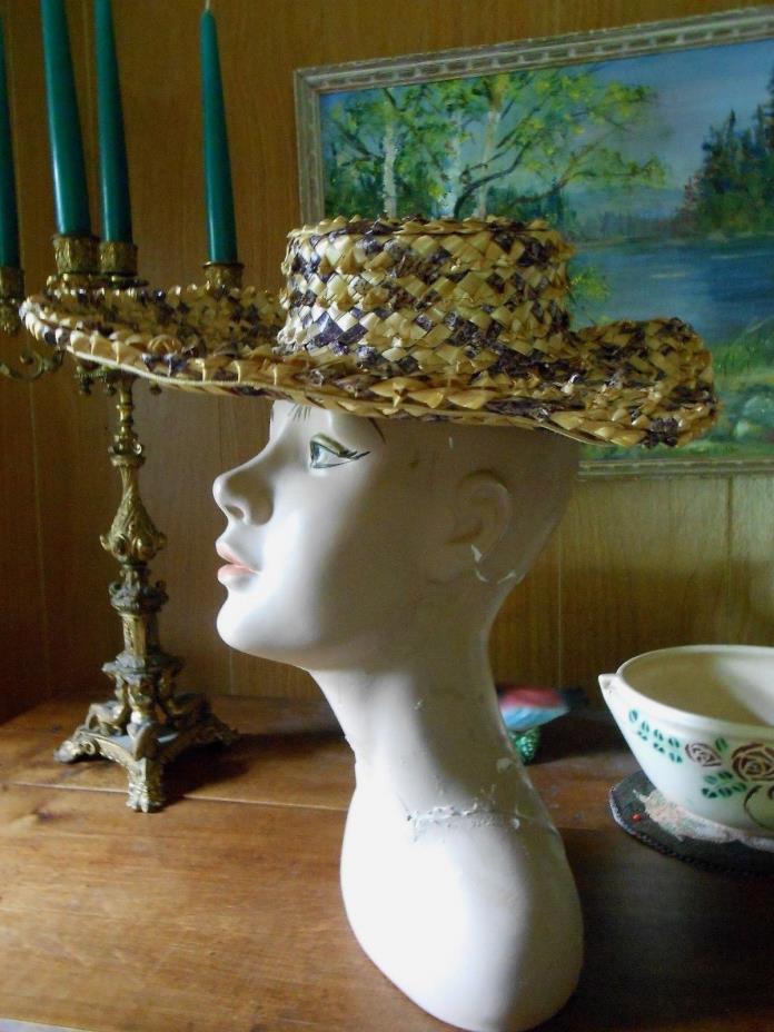 Vintage Antique 1800's Wide Brim HAT tan purple Never worn price tag attached