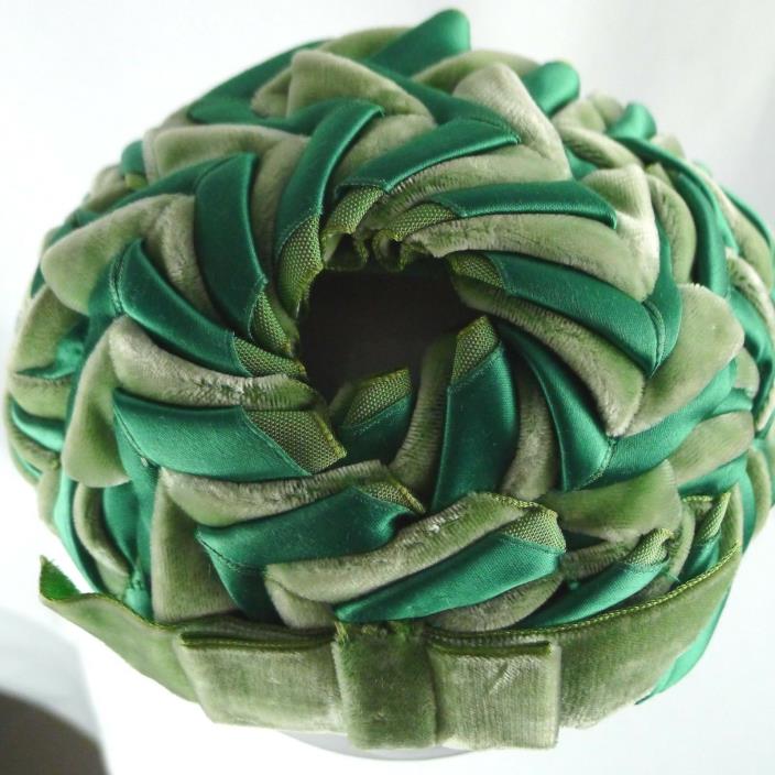 Ladies Green Velvet And Satin Half Hat Pin Tuck Design With Bow Vintage