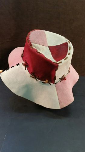 Vintage 3 Tone Leather And Beaded Wide Brim Hat made Mexico
