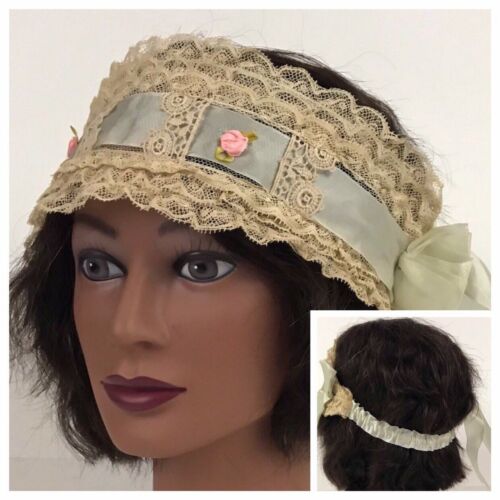 1920s Headband Headpiece / Tan Lace and Blue Ribbon Hairpiece Pink Roses /Large