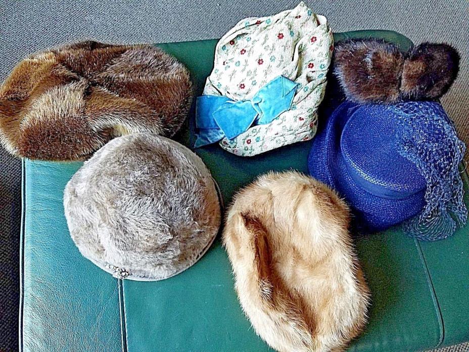 Lot of 6 Vintage Women's Hats-Brookfield-Union Made-Fur-Straw-Parkhurst-Electra