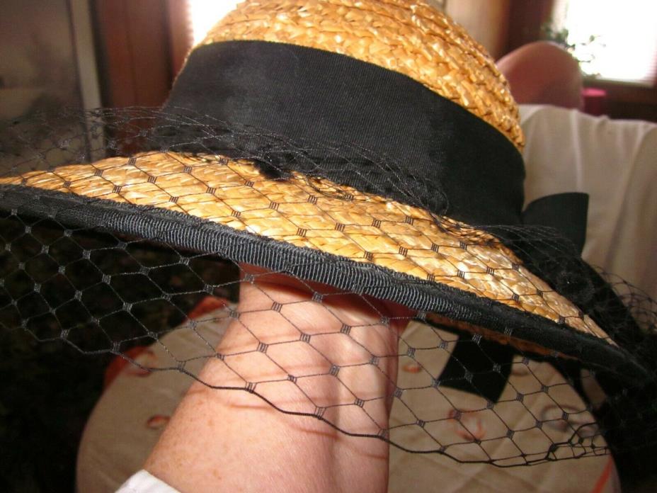 Kathy Jeanne Vintage Straw Hat with Black Ribbon and netting