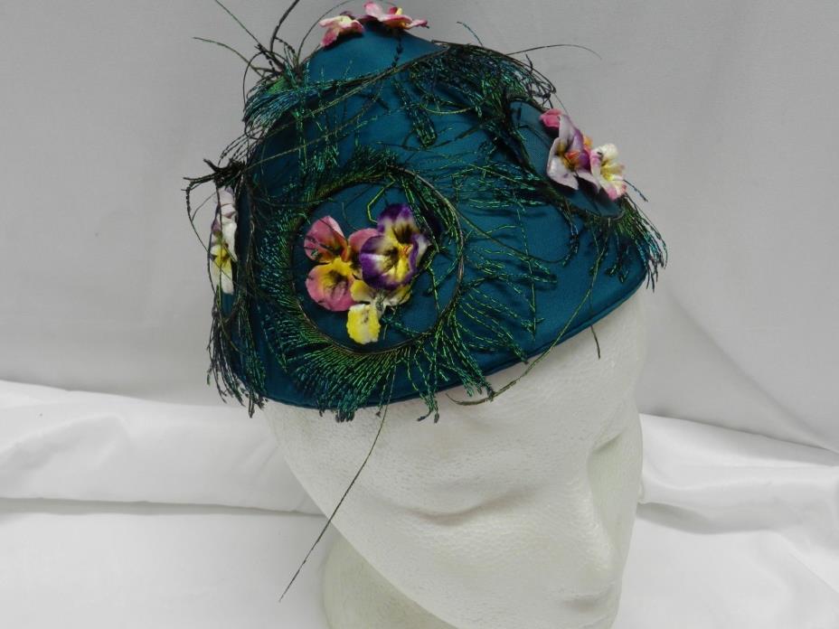 VINTAGE FLORAL CLOCHE BEANIE HAT CAP PEACOCK COLORED SWIRLS W/ FLOWERS