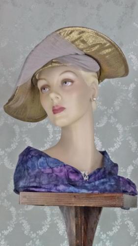 1930s Gold Lame Wide Brim Hat Pleated Lavender Net Trim One Size #1411