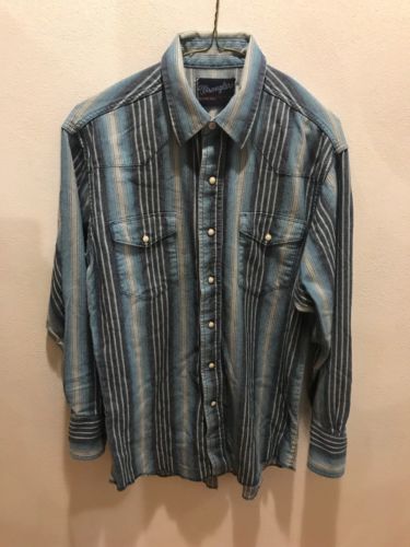 Rare Vintage Wrangler Striped Denim Snap Button Western Cowboy Shirt Size M