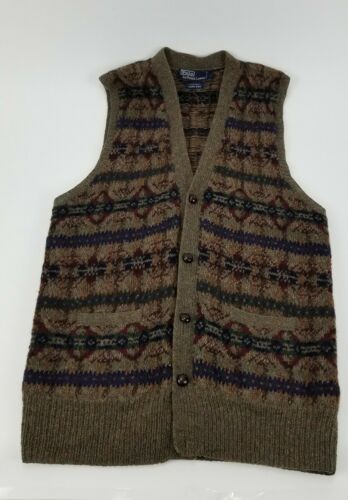 VTG POLO Ralph Lauren HAND KNIT V Neck Button Up VEST 100 % Wool Size Large