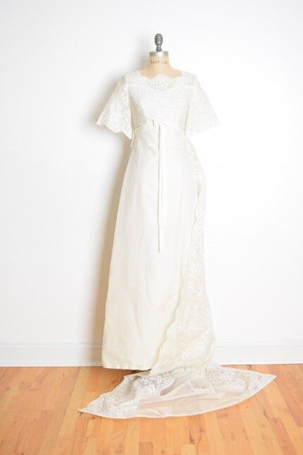 vintage 60s wedding dress ivory lace empire waist long train bridal gown XS