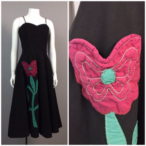 Vintage Late 1940s Black Cotton Flower Novelty Fit & Flare Sleeveless Dress Smal