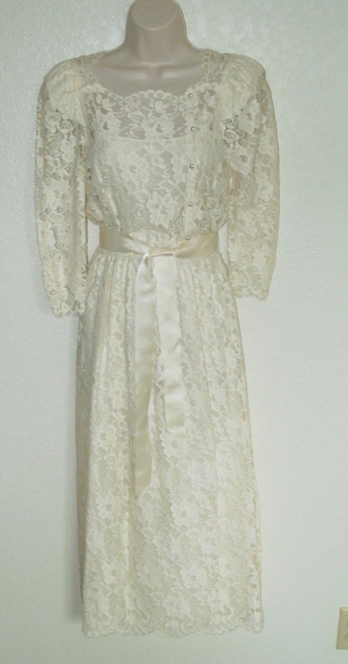 Vintage Cream Lace Dress Size 5/6 Pearl Buttons Wedding Dress Satin Belt Cachet