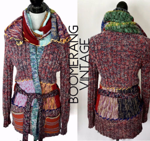 VTG AMAZING Knit Patchwork Cable Knit Boho Cardigan Sweater W/attached Scarf S