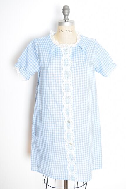 vintage 60s dress nightie blue gingham plaid check lace bed jacket nightgown M