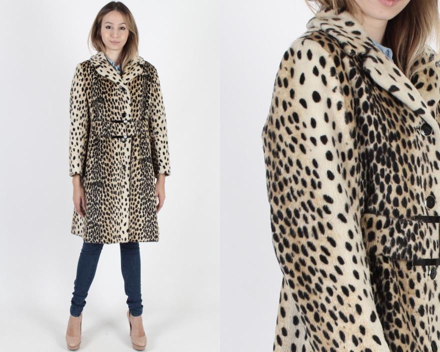 Vintage 60s Faux Fur Coat Spotted Animal Print Princess Swing Stroller Jacket