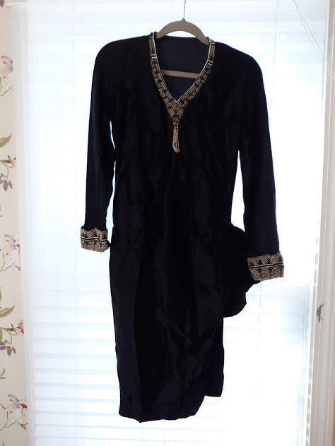 Authentic Vintage 1920s 30s Black Satin Dress / Faux Peals / Rhinestones / Jet