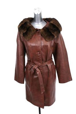 vintage 70s womens brown LEATHER COAT plush RABBIT FUR COLLAR trench retro SMALL