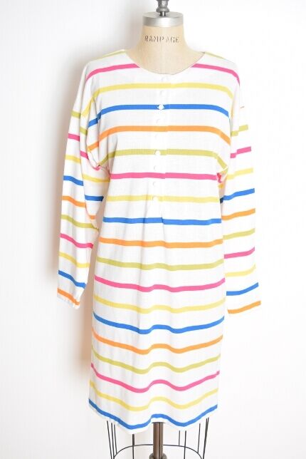 vintage 80s dress white colorful striped knit henley midi shirt dress M