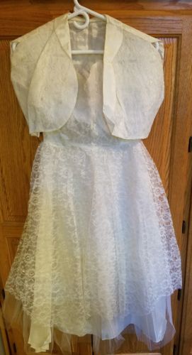 Vintage Lace Satin Ivory Cream Formal Wedding Dress Knee Length Strapless Jacket
