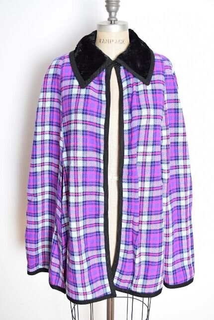 vintage 60s cape purple plaid black velvet reversible caplet jacket coat mod