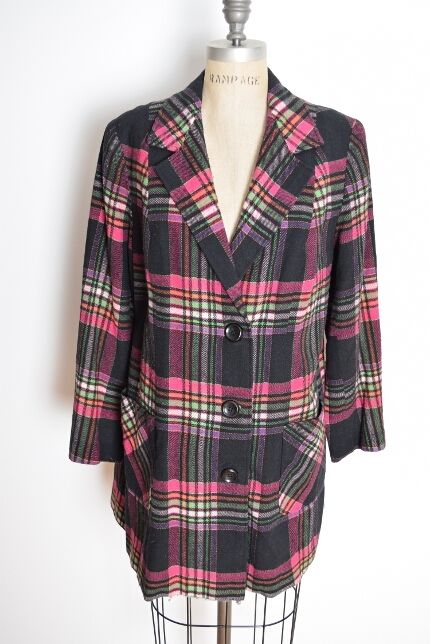 vintage 60s 70s coat black hot pink plaid print wool jacket coat L XL