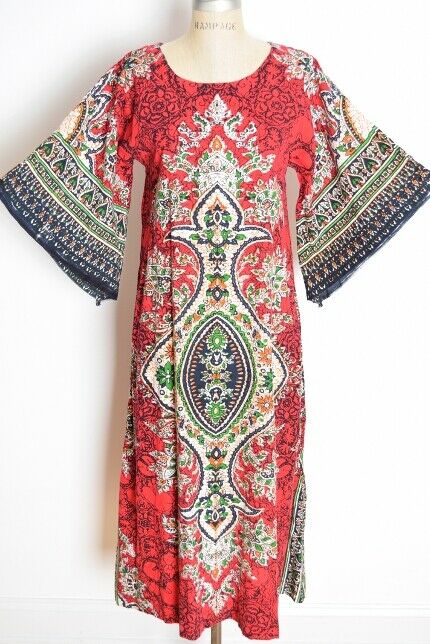 vintage 70s dress red dashiki batik African print bell sleeve hippie boho maxi