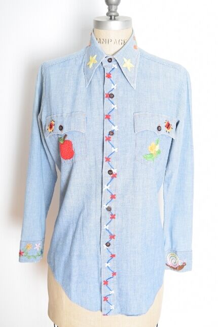 vintage 60s 70s shirt chambray denim embroidered bugs hippie boho blouse top M
