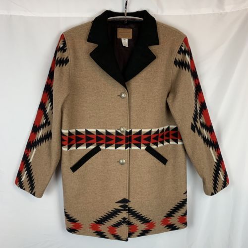 Pendleton Womens Vintage Southwestern Wool Blanket Coat Tan Black Red White XL