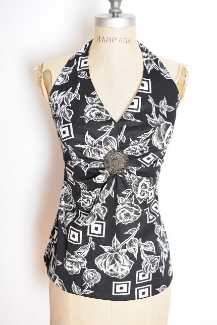 vintage 70s top black floral print medallion hippie disco halter shirt blouse XS