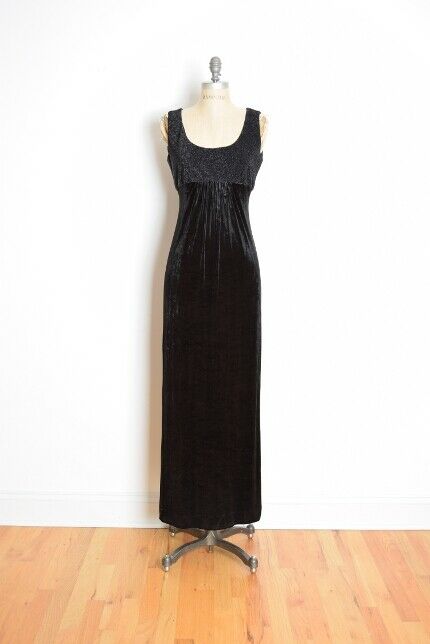 vintage 90s dress black crushed velvet sparkly high waist long party prom dress