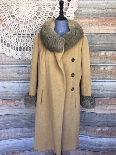 Mary Sachs Vintage 60s Fur Collar Tan Wool Coat Size XS/S