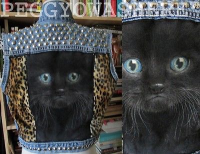 VTG FRAYED CUT OFF DENIM FESTIVAL JACKET VEST Leopard KITTY EYES STUD SPIKE boho