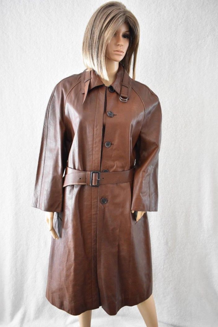 Auth Vintage PRADA Sz 44/M Brown Leather Button Down Belted Trench Coat #1250
