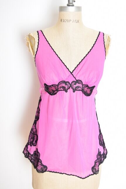 vintage 60s lingerie top sheer pink chiffon black lace babydoll nightie shirt XS