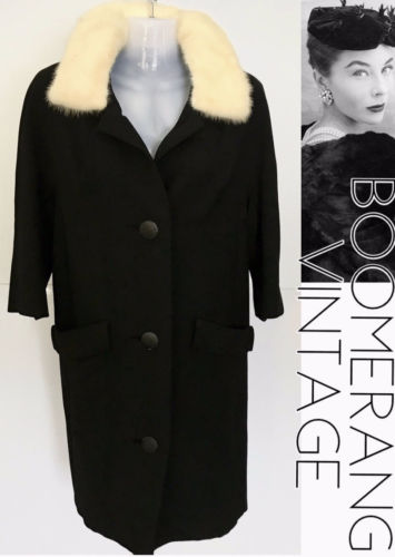 Vtg Black Wool 1950’s Vixen  Rockabilly Real Mink Fur Collar Swing Dress Coat  L