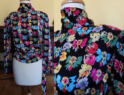 Vtg 90's Ungaro Ter silk blouse black floral sz 6 chic city wear crop dazzeling