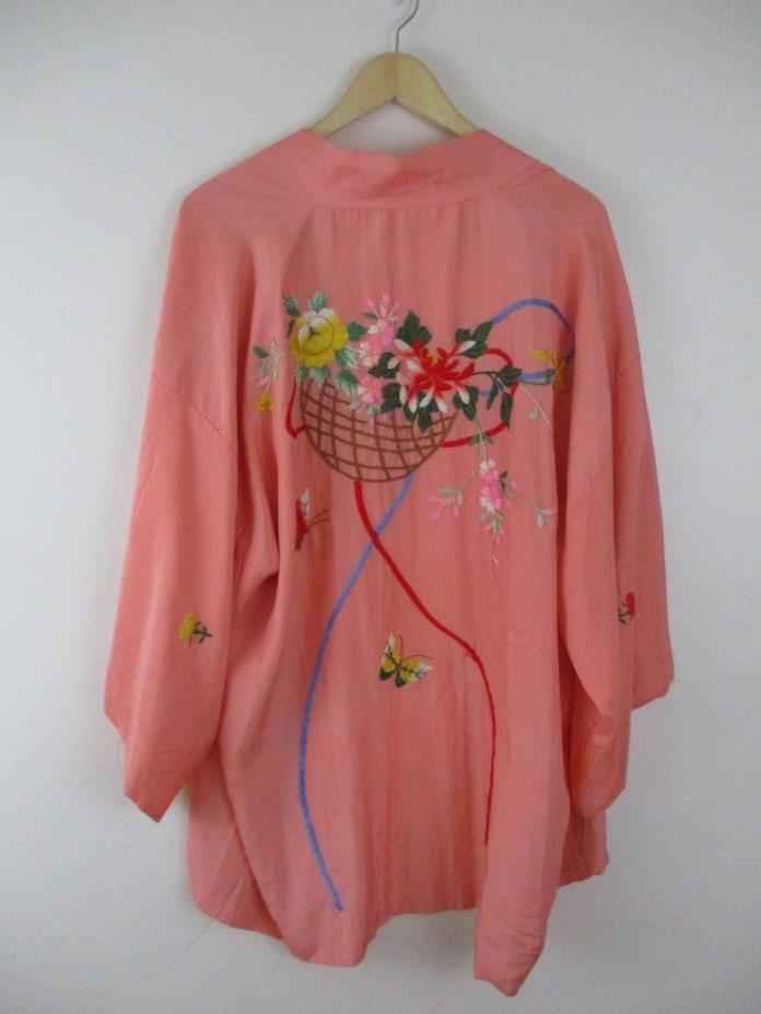 Silk Embroidery Vintage Women's Robe L one size floral short lounge Handmade