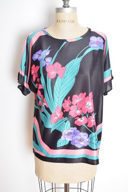 vintage 80s top black floral print graphic print kimono sleeve blouse shirt L XL