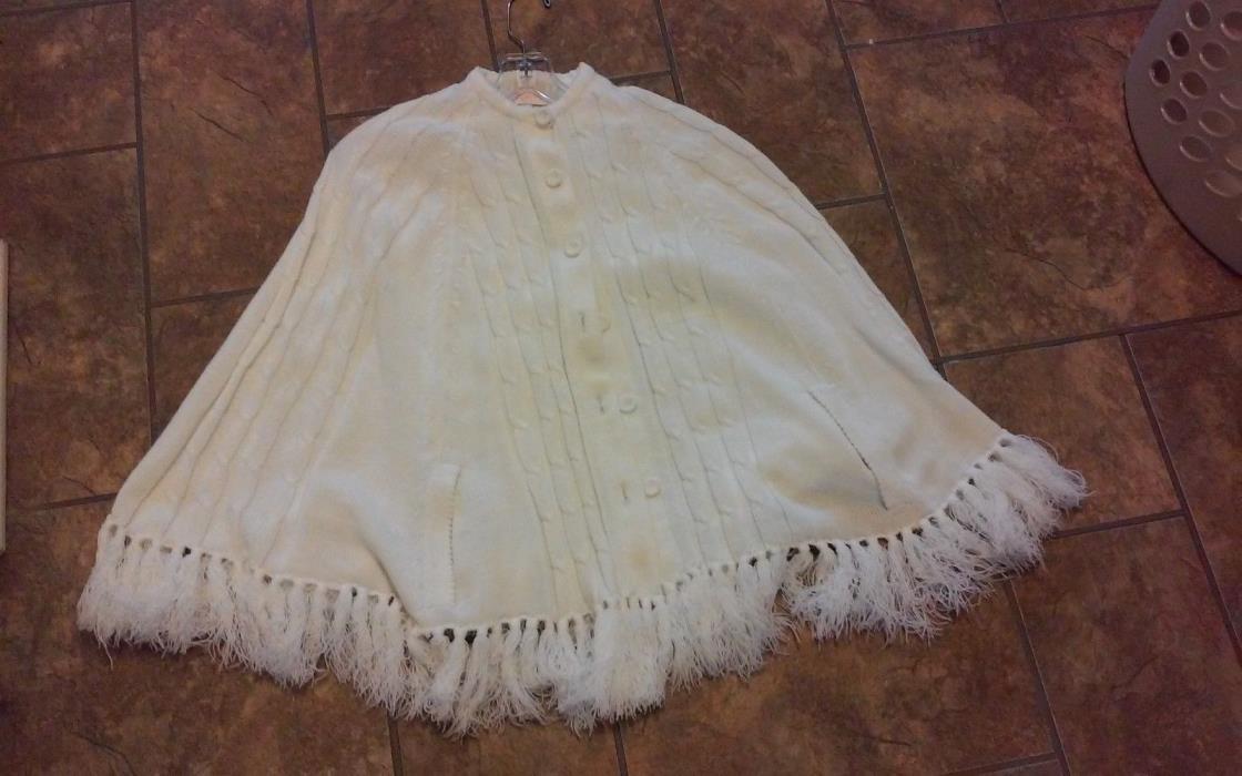 Vintage Women White Shawl wrap with fringe and button front