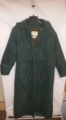 Eddie Bauer All Weather Lined Trench Coat Goose Down Hood Cuffs Flaps Size Med