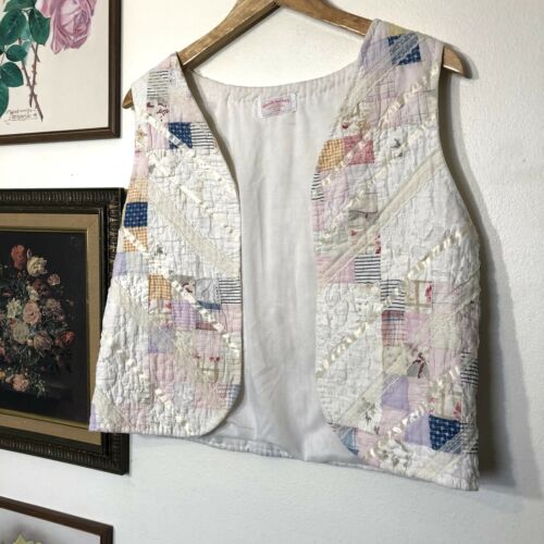 Vintage Handmade Quilt Vest Boho Crochet Lace Pink Blue Block Quilt design