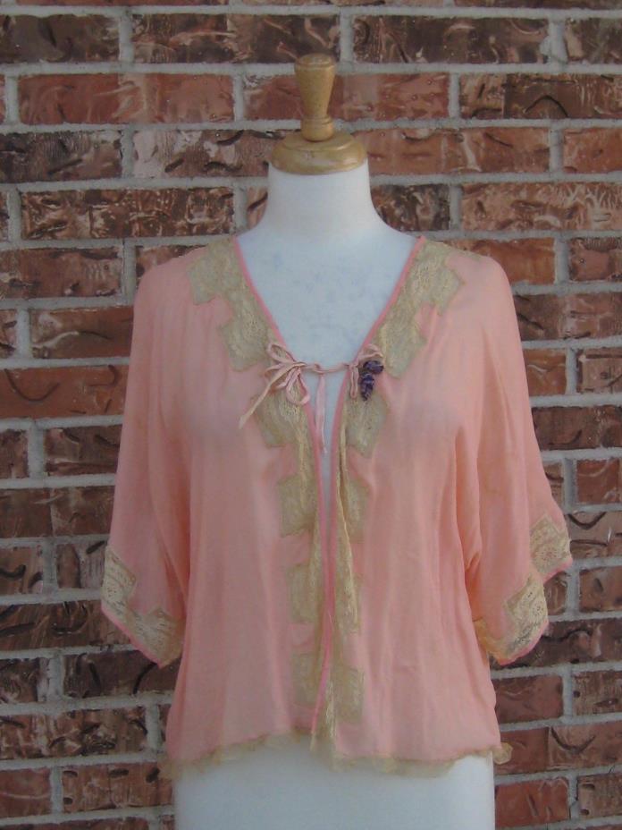 Vintage 1920s Bed Jacket Dress Shirt Peach Silk Chiffon Kimono Sleeve Large